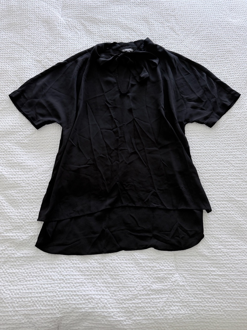 Express Black Short Sleeve Blouse with tie neck